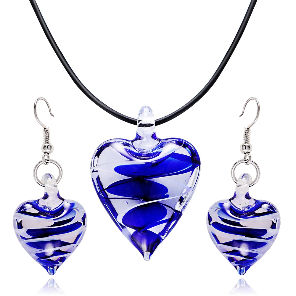 2019 HF JEL Murano Glass Blue Heart Pendant Necklace Earring Jewelry Sets for Women Girl Lampwork Fashion Party Gift | Украшения и