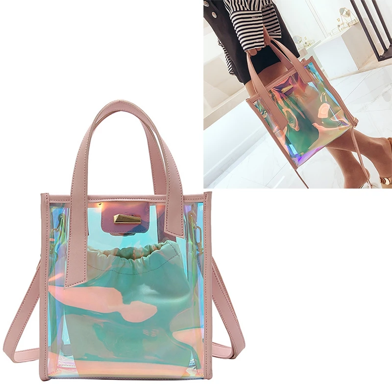 

ABZC-NEW Women Bucket Bag PVC Shoulder Bag Hologram Laser Handbag Jelly Transparent Totes pink