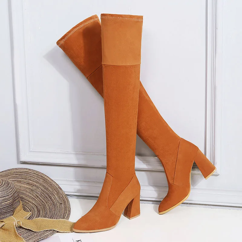 TAOFFEN/Модные женские роскошные сапоги в западном стиле Сапоги выше колена на квадратном каблуке замшевые кожаные сапоги размер 34-43