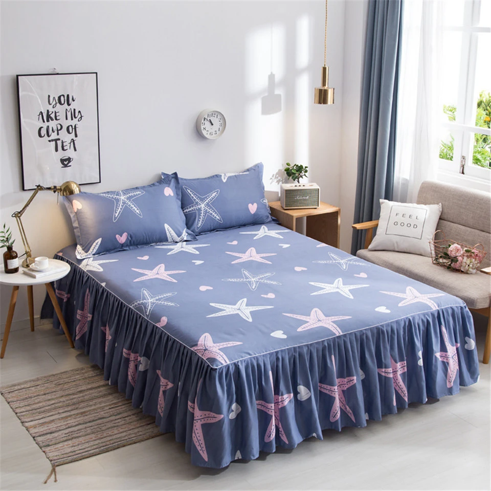 buy Princess Style Bed Cover Set Star Printed Sanding Bed Skirt And Pillowcase 3 Pcs Bedspread Ruffle Queen King Size Bed Sheet Set
