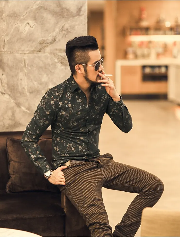 Осенняя мужская рубашка ins Новая мода цветочный принт с длинным рукавом camisa мужская Тонкая Цветочная винтажная льняная Повседневная