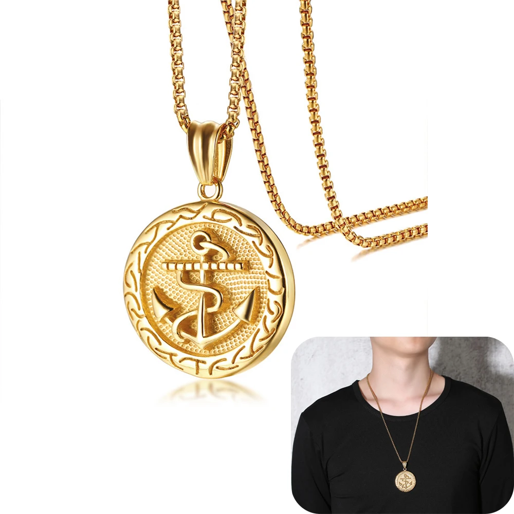 

Vintage Punk Stainless Steel Anchor Signet Necklaces For Men Gold Tone Chain Pendants Luxury Necklace Male Jewelry Accessories