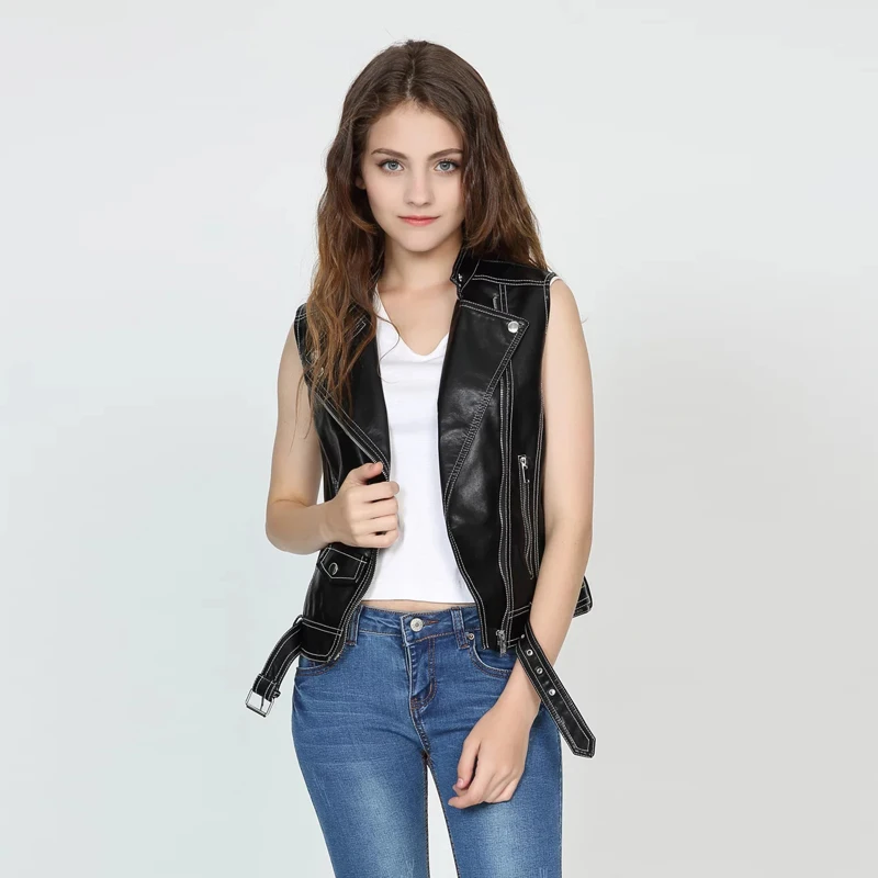 Aelegantmis New Leather Vest Women Motorcycle Biker Sleeveless Jacket Red Black Female Waistcoat Cool Belt Streetwear Spring