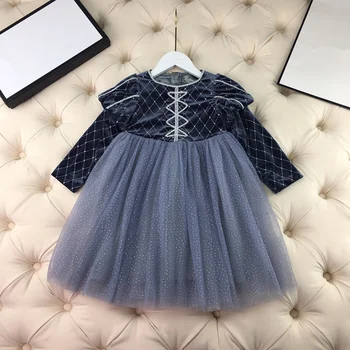 

European and American children's wear 2020 autumn new style Long-sleeved velvet patchwork mesh Girl's fashion dress