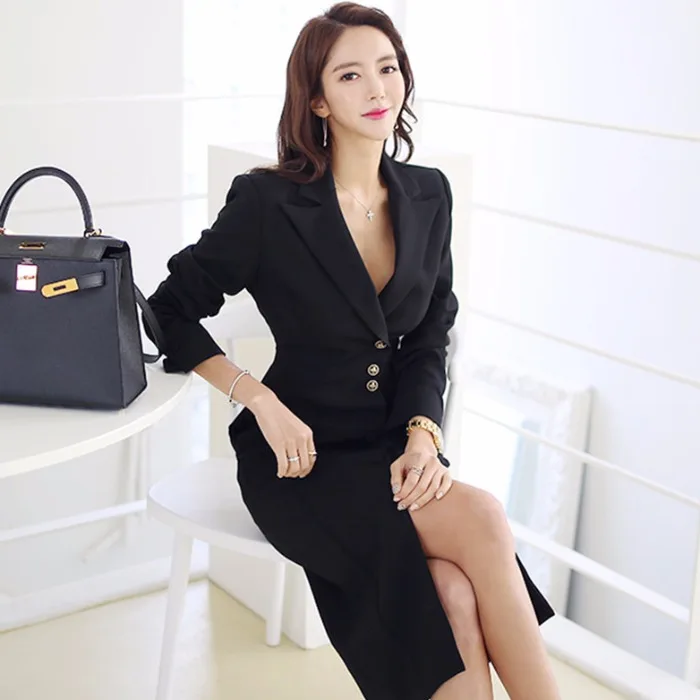 Buy Best 8jcrI 2019 New Women OL Work Blazer Dress Notched Collar Long Sleeve Single Breasted Business Dress Office Lady Sexy Split Midi Dress