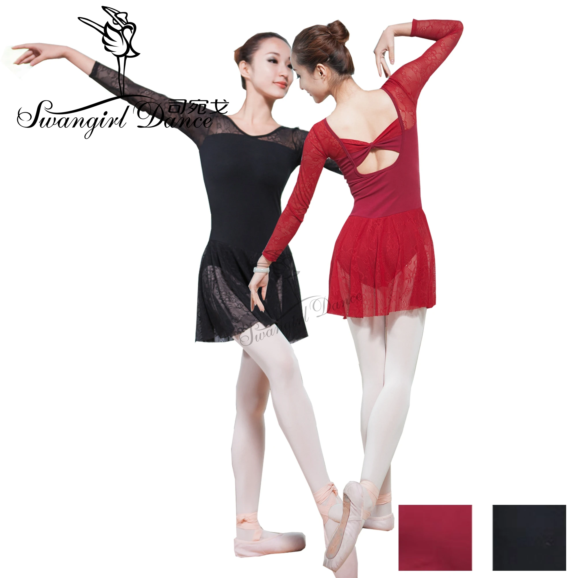 Кружевное балетное трико с длинными рукавами бордового цвета для взрослых; женские балетные трико; балетное платье для девочек; CS0232