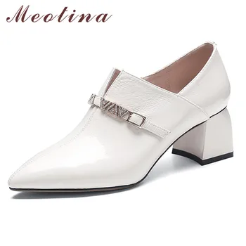 

Meotina High Heels Women Shoes Natural Genuine Leather Chunky High Heel Shoes Cow Leather Zip Pointed Toe Pumps Lady Size 34-39