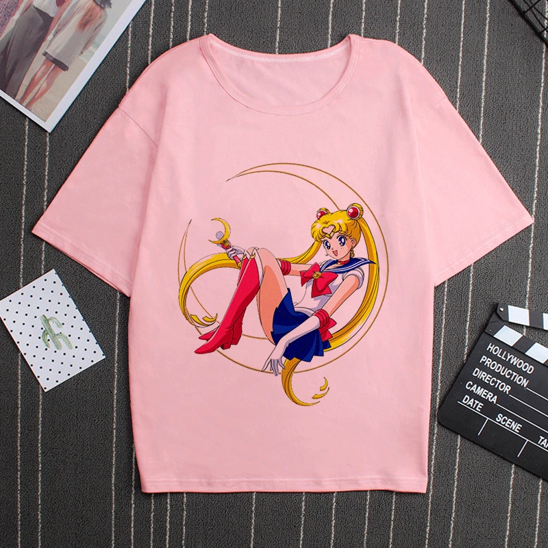 Sailor Moon 90s Funny Pink T Shirt Harajuku Clothes Tshirt Aesthetic Cat Anime Vogue T-shirt Kawaii Graphic Tees Ullzang Women - Цвет: 2876