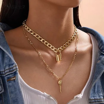 

IngeSight.Z 2Pcs/Set Vintage Multi Layer Padlock Choker Necklace Fashion Gold Color Lock Key Pendant Necklaces for Women Jewelry