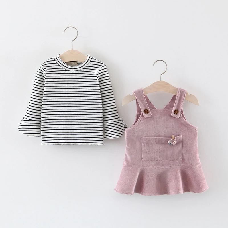 

2019 Autumn Clothes Set For Baby Girls Infants Kids Children Striped Long Sleeve Tops T-shirt+Overalls Dress 2PCS Suit S9605