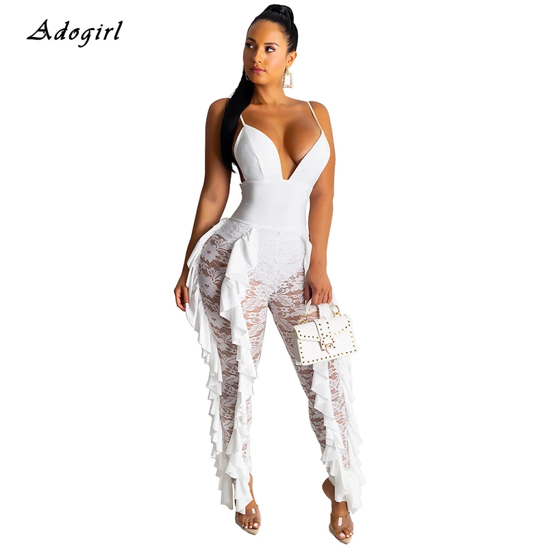 

Sexy Patchwork Lace Jumpsuit Women Elegant V Neck Spaghetti Strap Bodycon Jumpsuit Casual Ruffles Evening Club Overalls Romper
