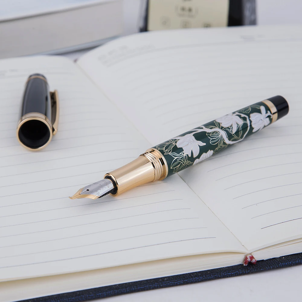 HonDian 金属万年筆手描き緑の花イリジウム EF/F/曲がったペン先