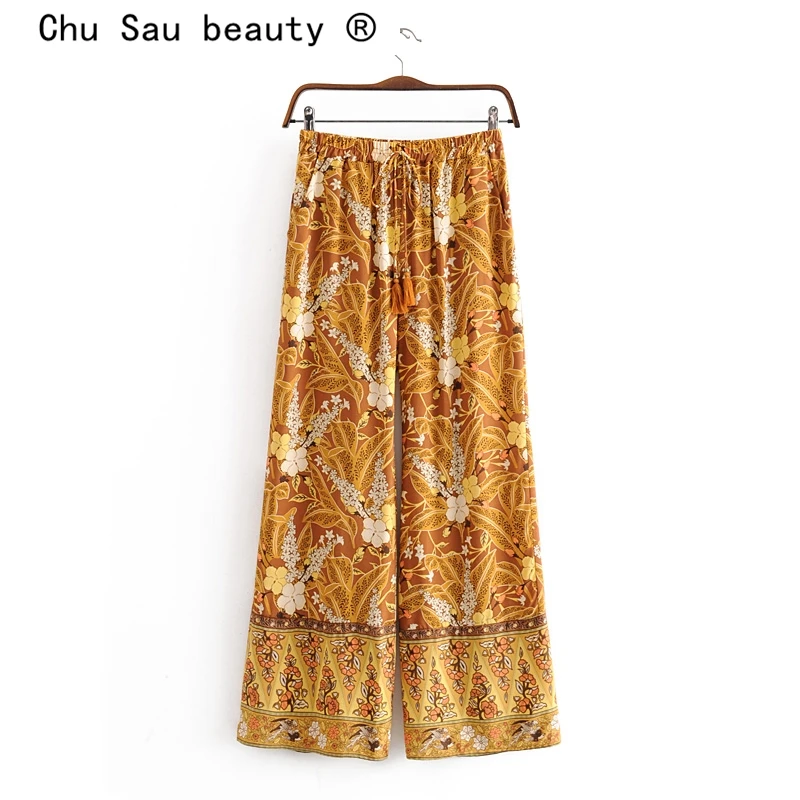 Chu Sau beauty, новая мода, Boho, цветочный принт, широкие брюки, женские, повседневные, шикарные, с кисточками, с поясом, праздничная одежда, летние брюки, женские