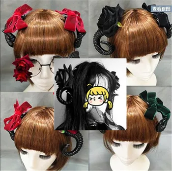 

Lolita Rose Sheep Horns Headpiece Steampunk Bow Tie Demon Evil Gothic Lolita Cosplay Headwear Hairpin Korean Fashion Hair Clip