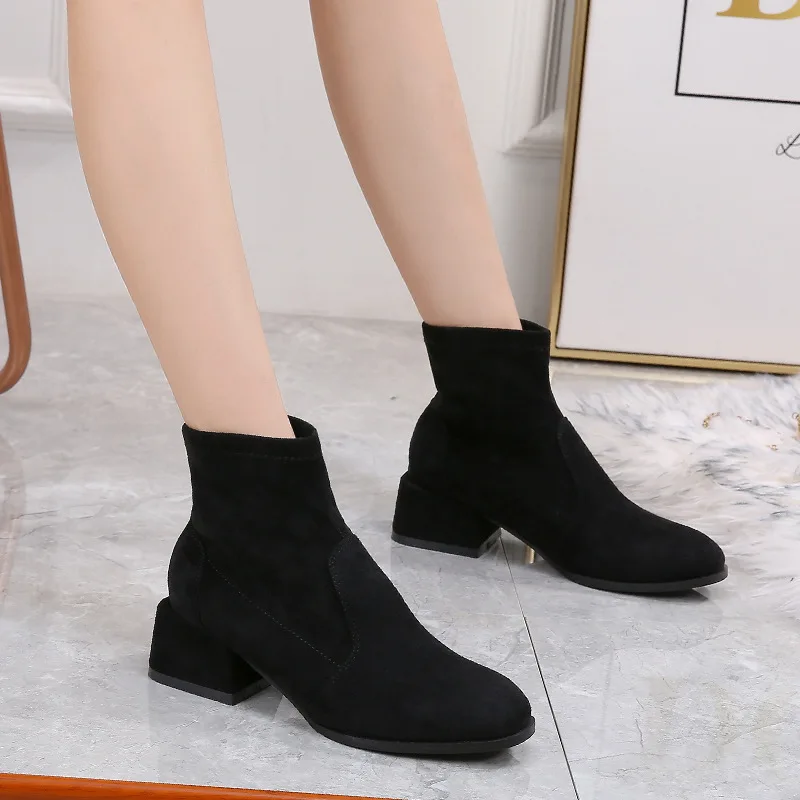 

Small Short Boots Women's 2019 New Style SW Chunky-Heel INS Martin Boots Women's Short Semi-high Heeled Elasticity Thin Boots St