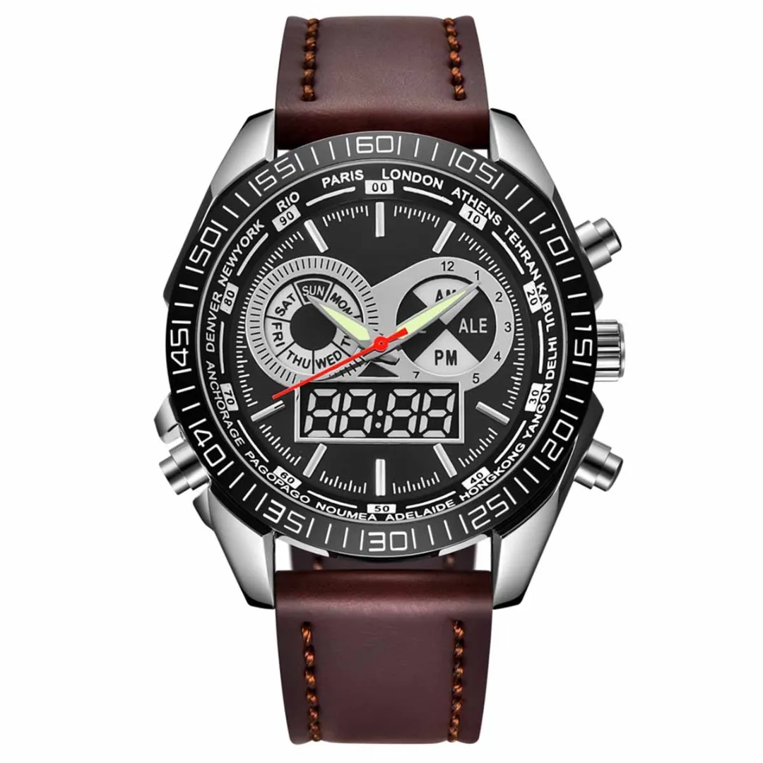 Genuine Leather Belt Men Watch Chronograph Watch LED Dual Time Analog Digital Sport Watch Waterproof Clock Montre Homme