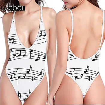 

HYCOOL Harajuku Deep V Woman Sexy Monokini 3D Music Notes Print Female Summer Swimming Suits Backless Outdoor Bathing Beachwear