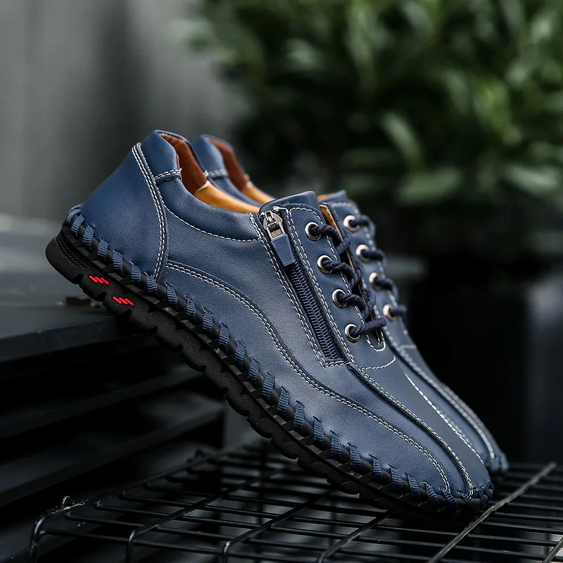 Нескользящая обувь из натуральной кожи мужские наружные кроссовки обувь для отдыха на молнии темно-синие широкие и толстые туфли большого размера 38-50 - Цвет: Blue