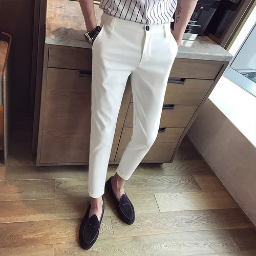 Летние мужские деловые Повседневные Брюки Корейская версия девять брюки модные мужские брюки мужские высококачественные мужские узкие брюки - Цвет: white