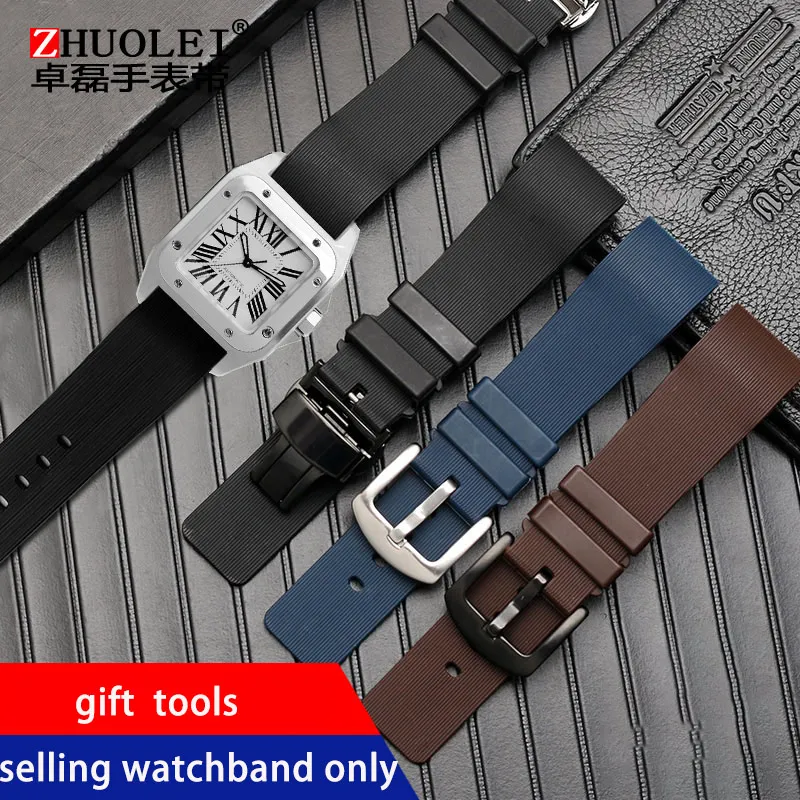 Cinturino Orologio Per Cartier Sandoz Santos 100 W20073X8 W20106X8 W2020008 Bracciale In Gomma Siliconica Uomo Donna Cintura Nera 20 23 25Mm