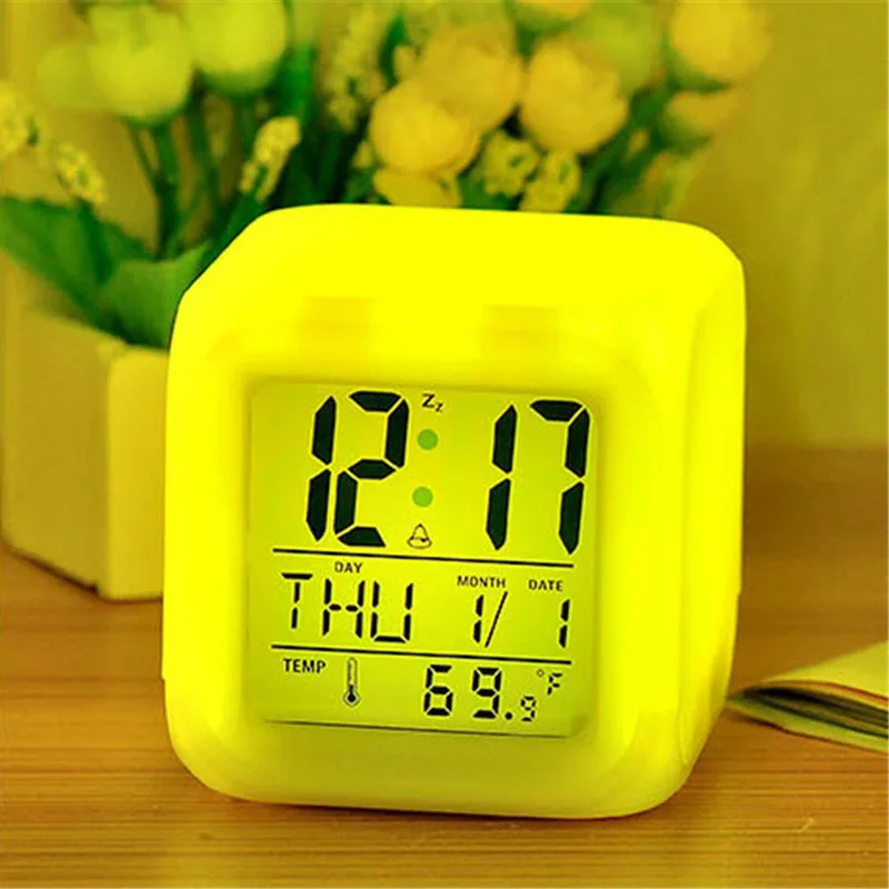 

Digital Electronic LED Fashion Clock Alarm 7 Colors Change Thermometer Glowing Cube Clock Desk Night Kids Alarm Clock