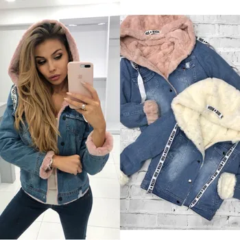 

Autumn and winter plus velvet denim jacket women's fashion denim plus velvet hooded jacket