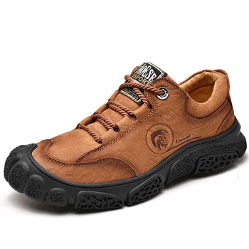 

JINBEILE Genuine Leather Trekking Shoes Men Hiking Shoes Breathable Soft Comfortable Antiskid Damping Outdoor Sport Mens Shoes