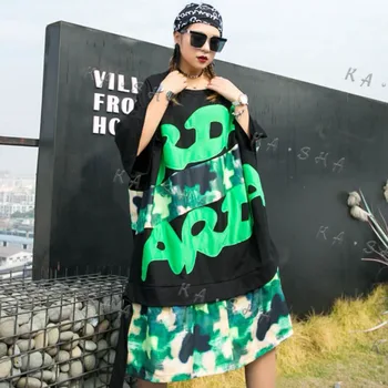 

Loose Plus Size Letter Print Elegant Patchwork Hit Color Women Clothes Irregular Casual Short Sleeve Match All Dress ZLL4957