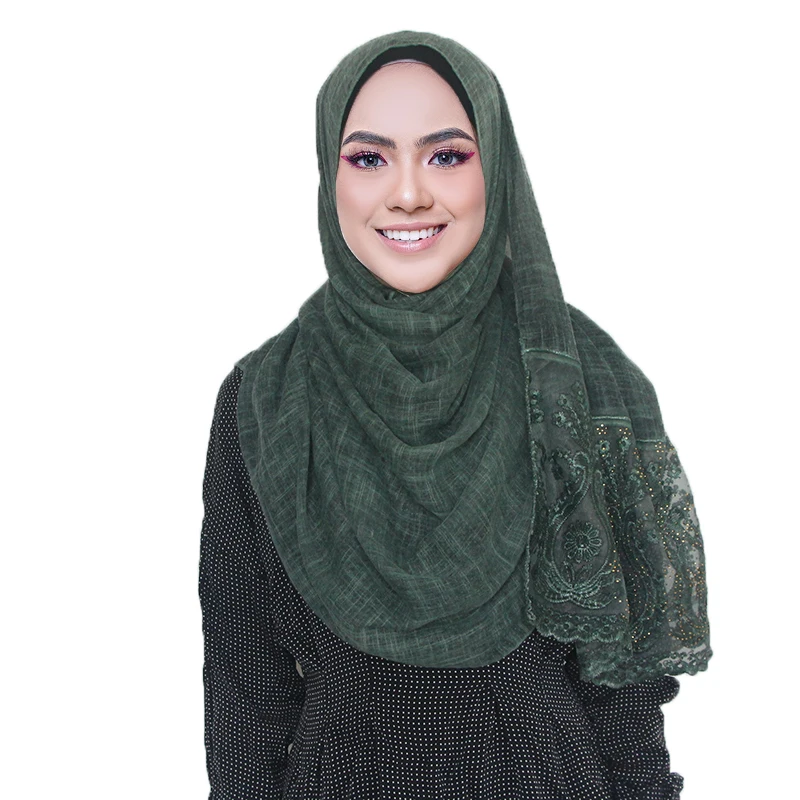1 шт. хиджаб с кружевом шарф шаль мягкий хлопок кружева края шарф хиджаб с вышивкой женский Простой макси Шаль Обертывание для женщин