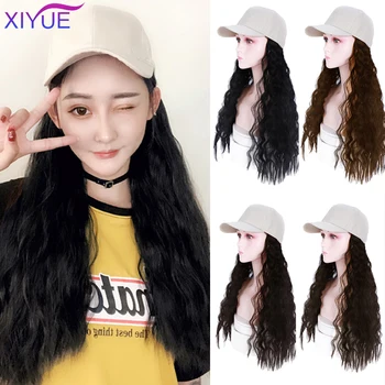 

2019 Long Wavy Synthetic Hair Wig With Hat Hot Style Black Color for Woman High Temperature Resistance