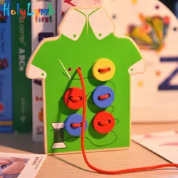 Juguetes Educativos de madera para niños, tablero de roscado con botón, bloques de cuentas, regalo para niños, ejercicio, coordinación ocular y mano