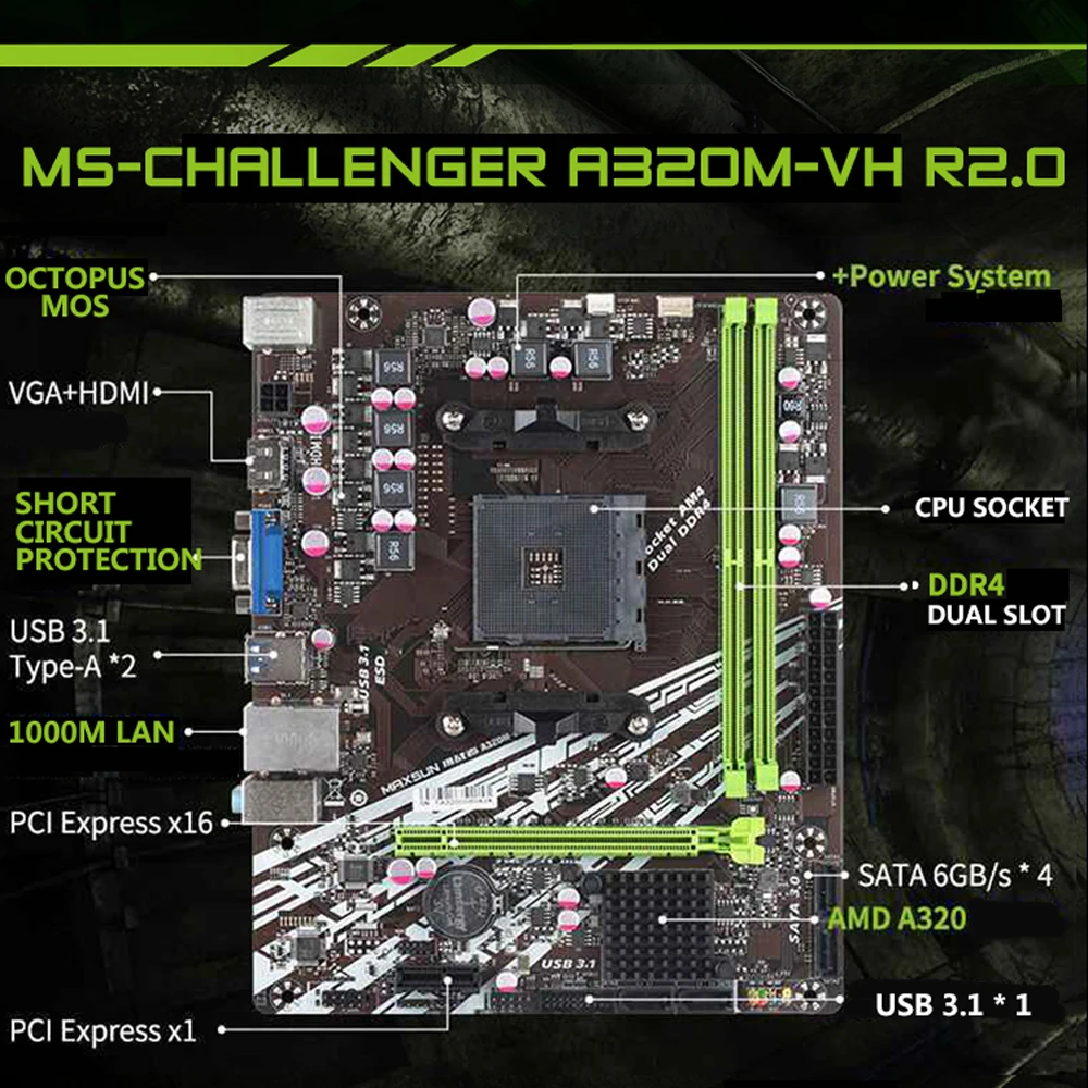 Оригинальная материнская плата MAXSUN Challenger a320m-vh R2.0 AMD AM4 mATX двухканальная DDR4 1000M LAN SATA3.0 USB3.1 VGA HDMI