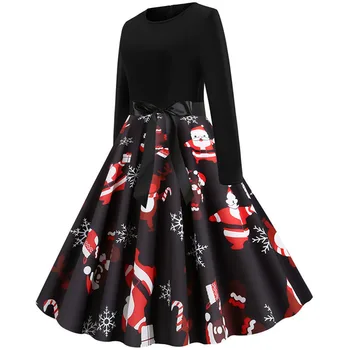 

Women Black Elegant Vintage Christmas Dress Casual Long Sleeve Autumn Winter A-line Print Party Pin up Dress Vestidos Plus Size