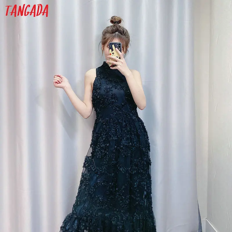 Tangada женское элегантное Сетчатое платье макси с вышивкой Холтер без рукавов женское черное длинное платье vestidos CE221