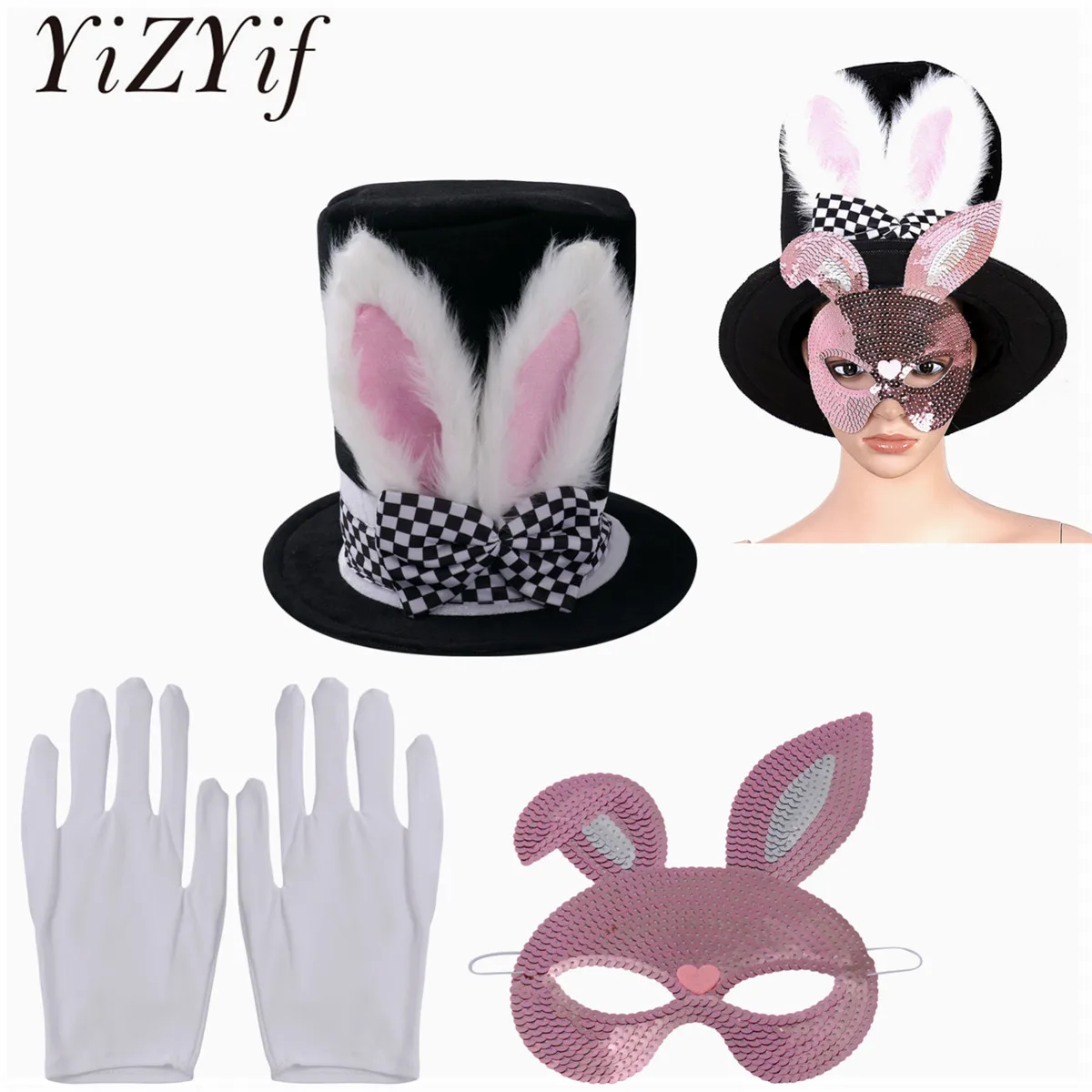 Sombrero Loco de conejo para disfraz, conjunto de accesorios con orejas de conejo, sombrero, mascarilla lentejuelas, guantes blancos, Halloween|Accesorios para disfraces| - AliExpress