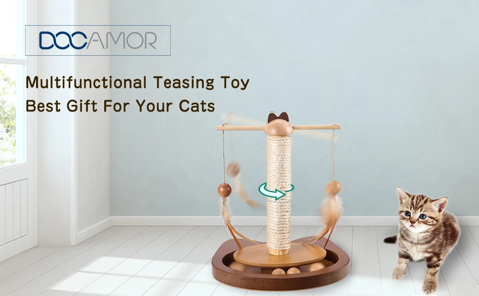 Champagne Multifunctional Teasing Toy For Cats Durable 360° Rotating Rod Cat Toys With Feather Wooden Balls Scratching Sisal Post - Цвет: Champagne