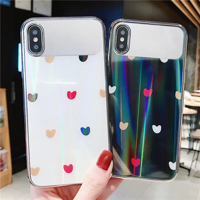 

Aurora makeup mirror phone cases for Apple iPhone X XR XS XS Max 7 8 6s 6 plus cute love heart dots laser hard glass cover