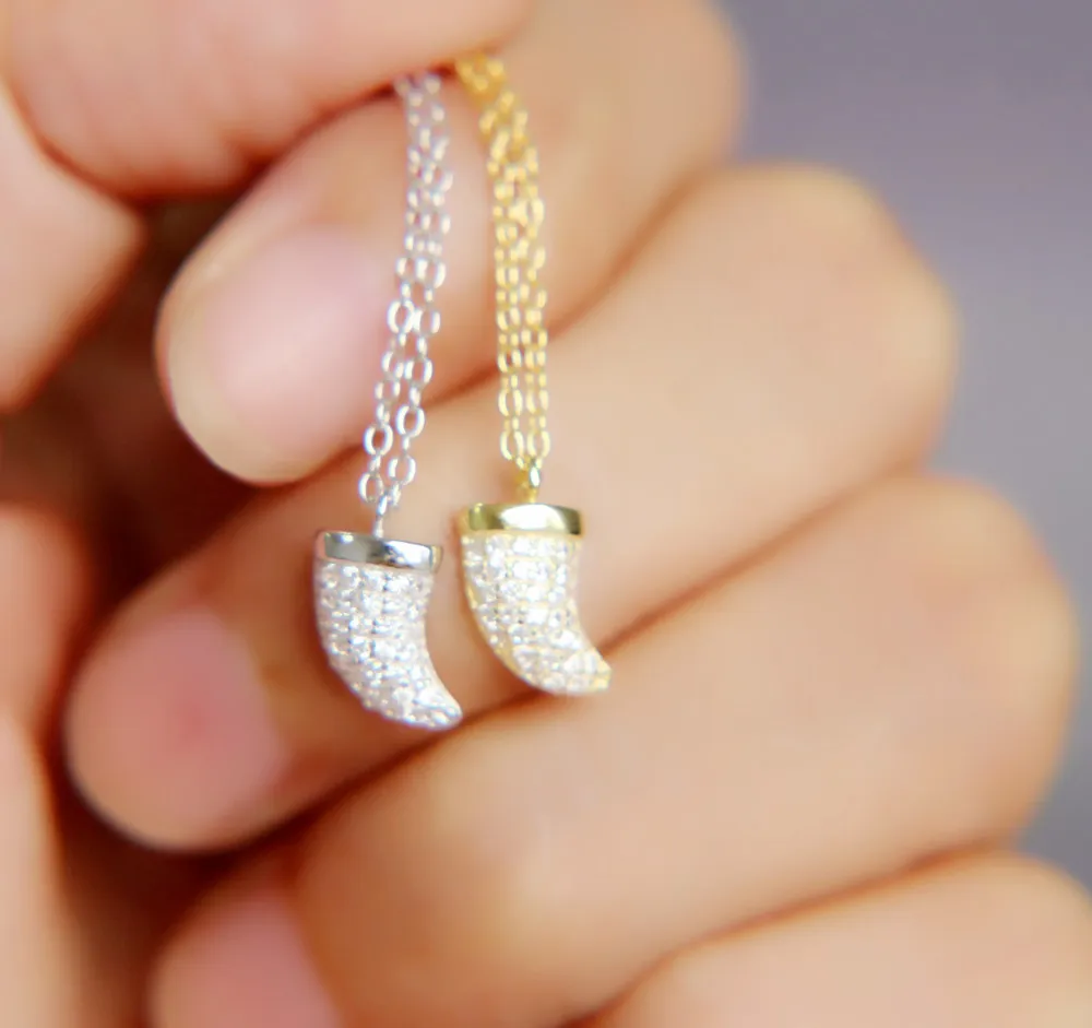 

Tiny CZ Micro Pave Luxury cz paved horn necklace 925 sterling silver Teeth shape charm pendant necklace for lady jewelry gift