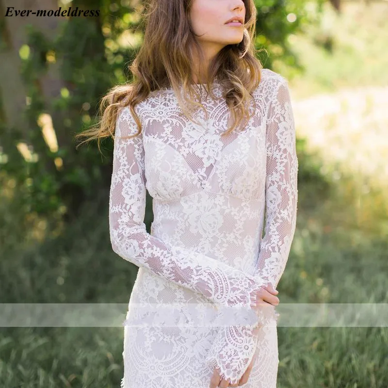 Кружевное платье Boho свадебный наряд Одежда с длинным рукавом с открытой спиной развертки поезд Страна Свадебные платья-русалка; обувь под свадебное платье для невесты; Robe De Mariage дешевые