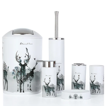 

New-Nordic 6Pcs/Set Printing Bathroom Accessory Set Lotion Dispenser Toothbrush Holder Tumbler Cup Soap Dish Toilet Brush Trash