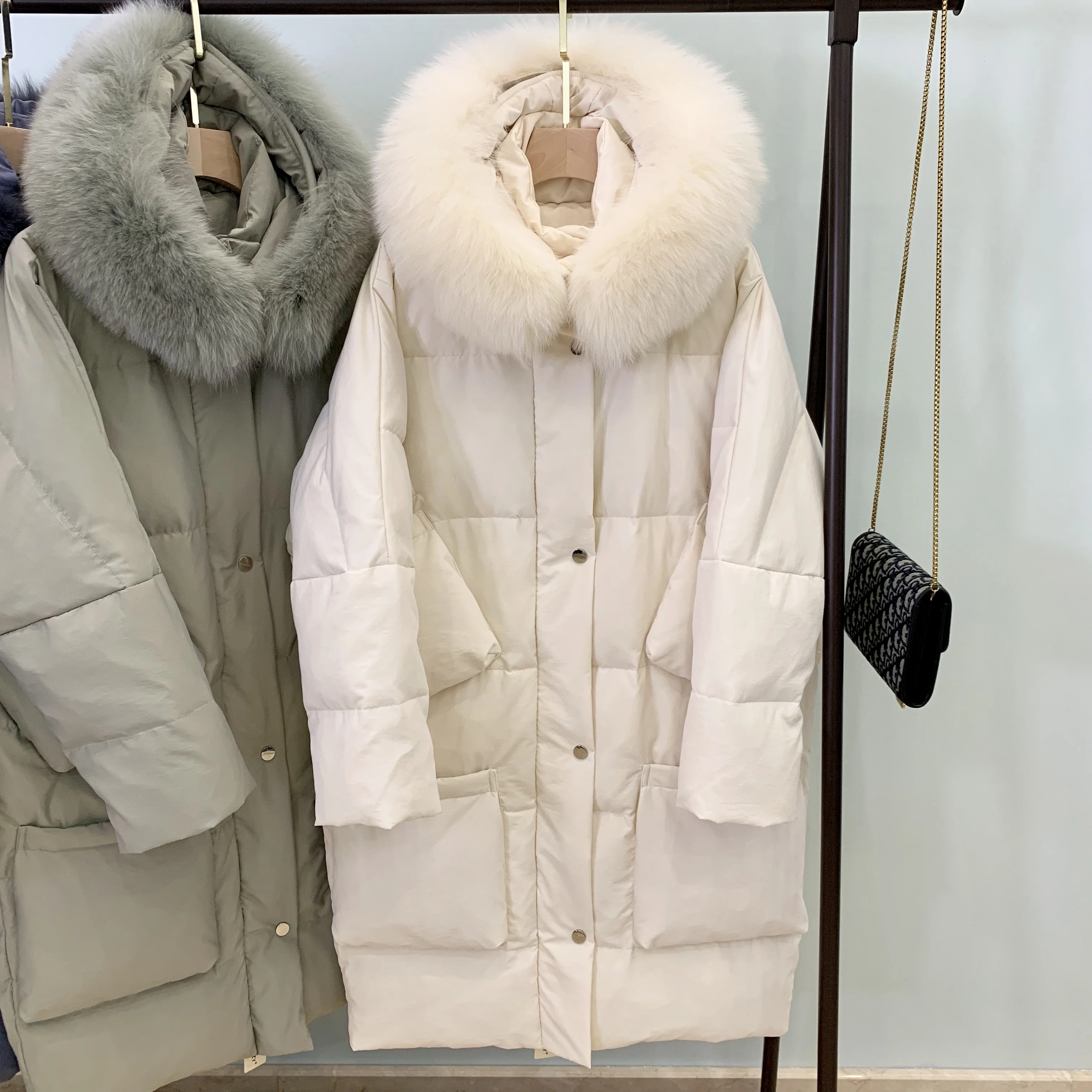 Thick Hooded Loose Warm Real Natural Fox Fur Collar Down Parka Winter Women Coat Long White Duck Down Jacket Female L080