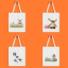 Мультяшная ветряная мельница с принтом, холщовая бежевая сумка-тоут, сумка для повседневного использования, моющаяся сумка для покупок с логотипом, эко многоразовая утилизация