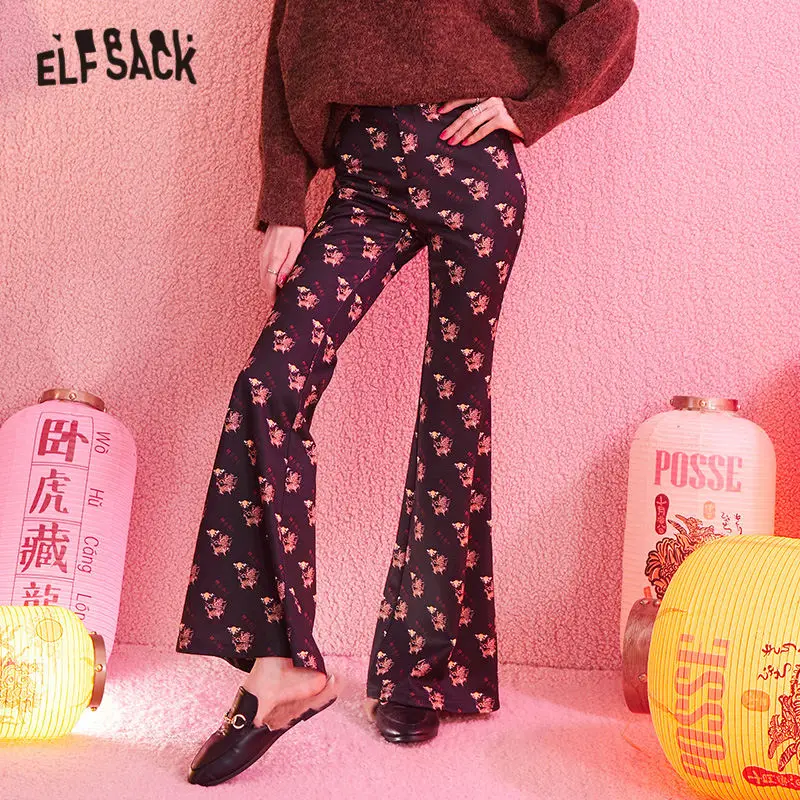 ELFSACK Black Kylin Print Wide Leg Flare Women Pants 2020 Winter New Chinese Style Vintage Lucky Loose Office Ladies Trousers ELFSACK Black Kylin Print Wide Leg Flare Women Pants 2020 Winter New Chinese Style Vintage Lucky Loose Office Ladies Trousers