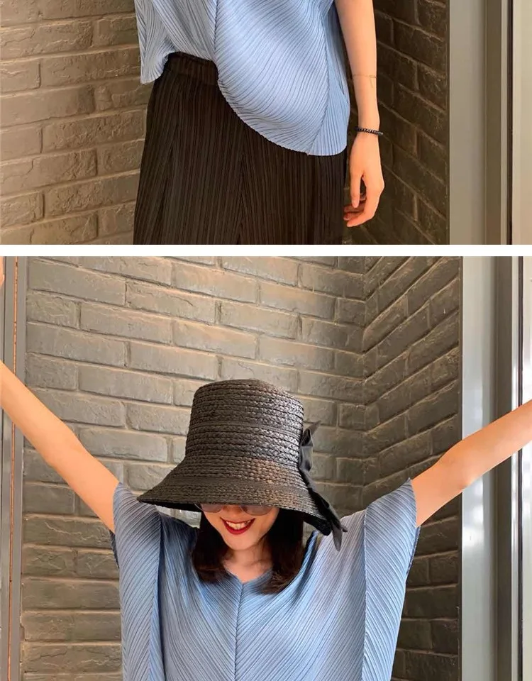 Changpleat новые женские футболки Топ Miyak плиссированный модный дизайн свободный v-образный вырез корейский стиль короткий рукав женская футболка Tide