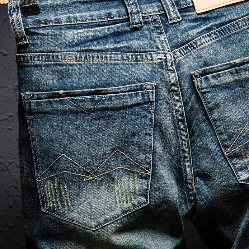 Classic Retro Distressed Men's Letter Printed Jeans Short Knee Length Straight Slim Frayed Trend Punk Male Denim Short