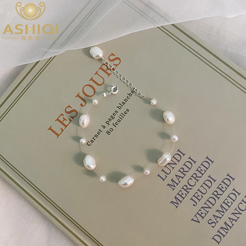 

ASHIQI Natural Freshwater Baroque Pearl Bracelet with 925 Sterling Silver Button Jewelry for Women