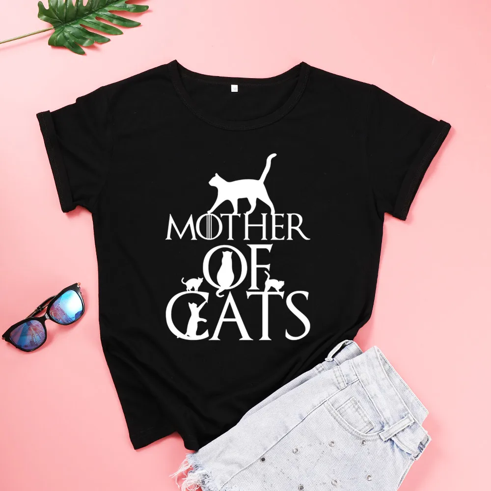ZBBRDD Madre de los gatos mamá camiseta algodón de mujer Kawaii camisa de moda de talla grande con cuello en O gráfico camiseta mamá manga corta Camisetas