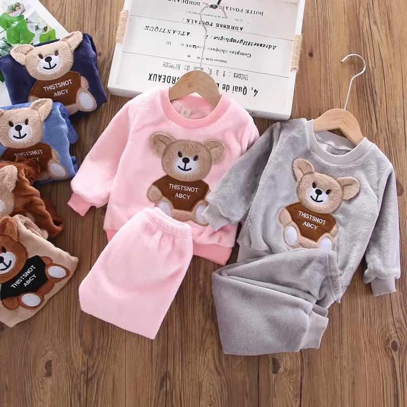

Baby Pajamas Set Autumn Winter Flannel Girl Homewear Infant Boys Thick Casual Coral Fleece Top Pants Home Suit Clothes Sleepwear