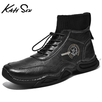

KATESEN New Winter Men's Handmade Leather Boots Fashion Outdoor Non-slip Motorcycle Boots Comfortable Soft Flat Boots Big Size