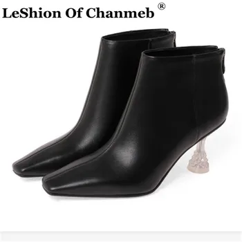 

Size 33-40 Women's Crystal Transparent Heels Ankle Boots Woman Natural Cow Leather Short Booties Ladies Clear Heeled Boots Shoes
